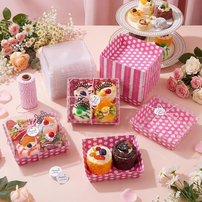 Outus 100 Pack Charcuterie Boxes with Clear Lids, 5.7 x 5.1 '', Party Favor Treat Box Paper Food Containers Cake Take out Bakery Box with Gift Tags Rope for Desserts