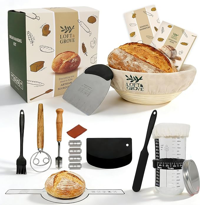 Loft & Grove Sourdough Starter Kit – Complete Bread Baking Kit with 9” Banneton Proofing Basket, 34oz Starter Jar with Feeding Tracker, Dough Whisk, Bread Lame – Beginner Sourdough Baking Supplies