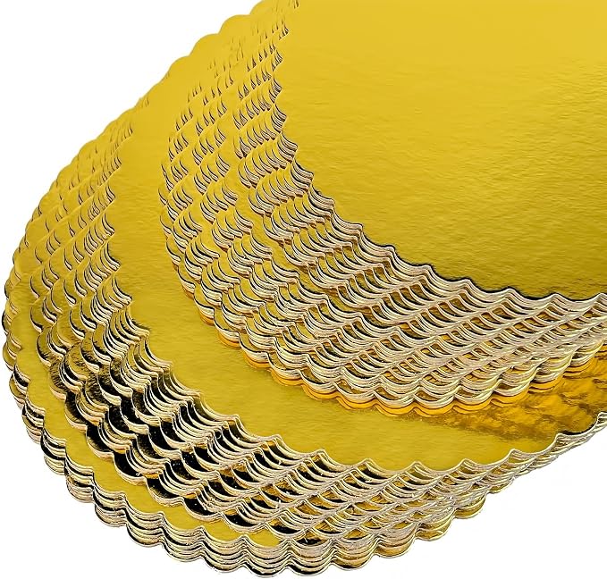 CHERRY 25-Pack 12 inch Sturdy Round Cake Boards, Gold Cardboard Cake Circles plate Scalloped Base,Pack of 25