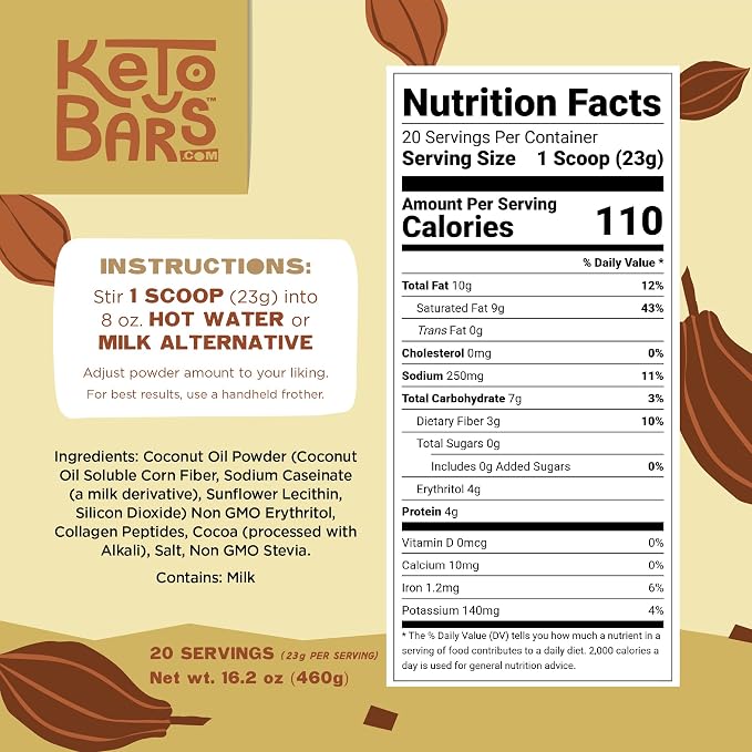 Healthy Cocoa Mix, Delicious Sugar Free Low Cal Hot Chocolate and Coffee Flavoring Powder, Mocha Additive, Gluten Free Diet Drinks, Non-GMO Ingredients, Nut Free Collagen Fiber Blend