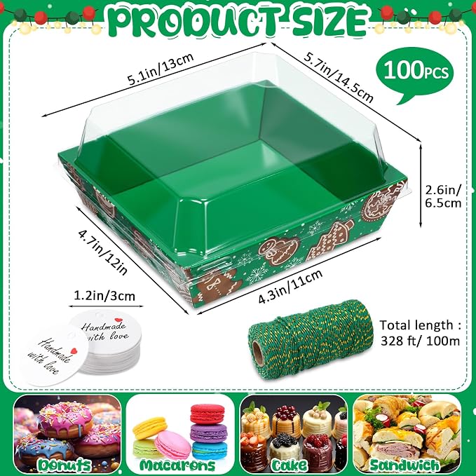 Outus 100 Pack Christmas Charcuterie Boxes with Clear Lids, Paper Dessert Boxes to Go with Gift Tags Rope Disposable Party Favor Treat Food Containers for Cookies, Donuts, Muffins, Salad, and Pastry