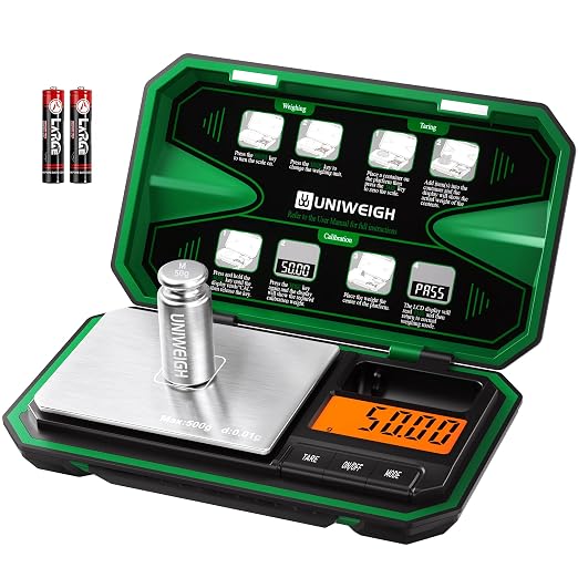 UNIWEIGH Digital Gram Scale 500g x 0.01g Accuracy Small Scale | Mini Pocket Jewelry Scale 6 Units/LCD,Weighs Small Food,Coin,Powder,Micro,Grains,Tare Function,Green(Battery Included)