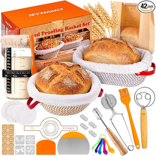 Sourdough Starter Kit, 24oz Starter Jar, 2 Cotton Rope Banneton Bread Proofing Basket Set, 9'' Round & 10'' Oval Baskets with Liners & Covers, Complete Sourdough Bread Baking Set (42PCS)