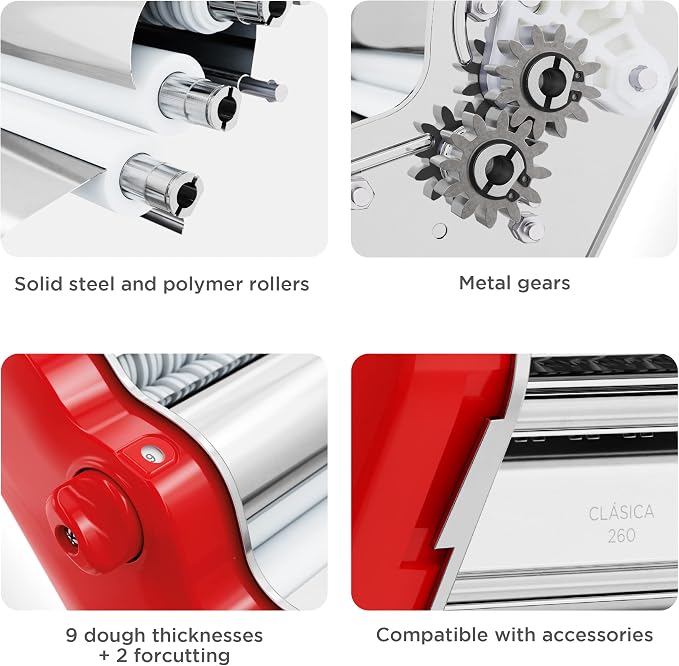 PASTALINDA Classic 260 Pasta Maker Machine, 26 cm Wide Rollers, 9 Thickness Positions, 2 Cutting Positions, Stainless Steel. Includes Reinforced Hand Crank And Two Clamps