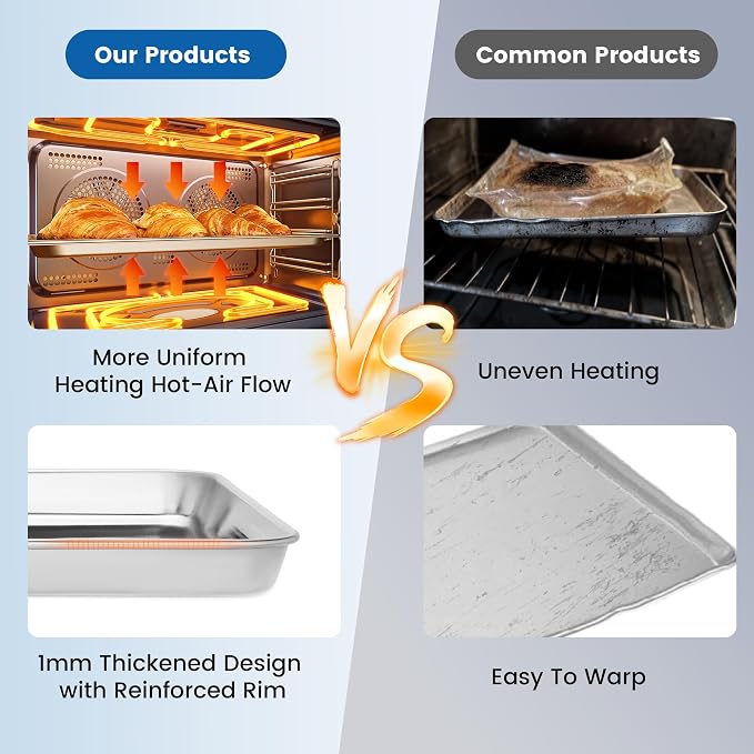 BIEAMA 6 Pack Stainless Steel Toaster Oven Baking Sheets, 16 x 12 in | Stainless steel pans with no chemical coating, mirror-polished finish and rolled edges; dishwasher safe, oven safe to 500°F.