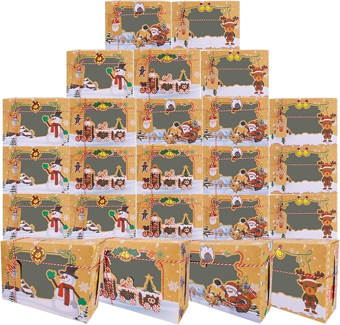 24 Pack Christmas Cookie Boxes with Window, 8.7" x 5.9" x 2.7" Large Holiday Bakery Treat Boxes for Gift Giving, Pastry, Candy, Party Favors, Christmas Kraft Gift Boxes with Ribbons and DIY Gift Tags
