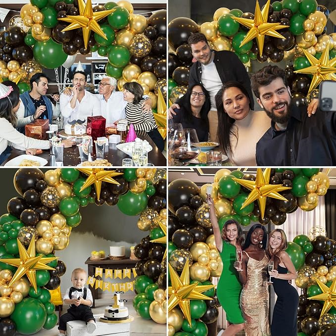 Bonropin 161pcs Green and Gold Black Balloon Arch Kit with Explosion Star Balloons, 5/10/12/18in Emerald Forest Dark Green Black Metallic Gold Balloons for Birthday Graduation Wedding Party Decoration