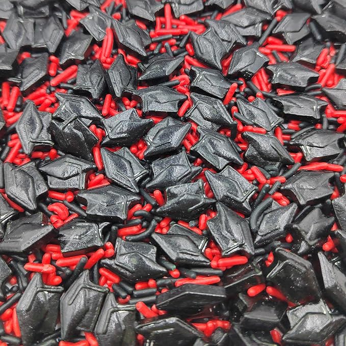 Graduation Day Sprinkles, Red Black Jimmies Sprinkles, Edible School Graduation Hat Sprinkle Candy Soft Jimmies Toppings for Ice Cream, Cupcake, Cake Decorating, Cookie, Dessert Decorating