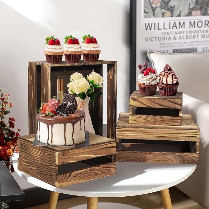 4 Pcs Buffet Risers with Mini Signs, Rustic Wood Cake Stands, Food Risers for Buffet Table, Dessert Display Stand, Wood Crates, Rustic Cake Stand for Party, Wedding, Birthday, Baby Shower, 4 Sizes