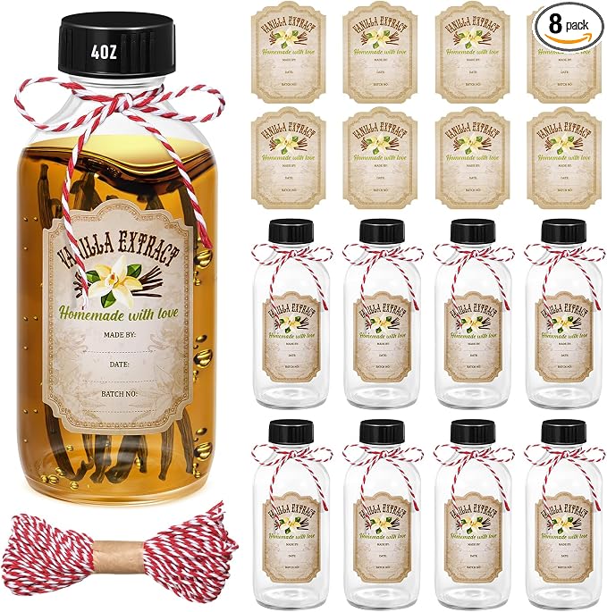 Uiifan 8 Pcs 4 oz Vanilla Extract Bottles Boston Round with Caps Glass Bottle and 8 Pcs Vanilla Extract Labels Stickers for Syrup Gift Glass Food Storage Canister Set Sauce Beans