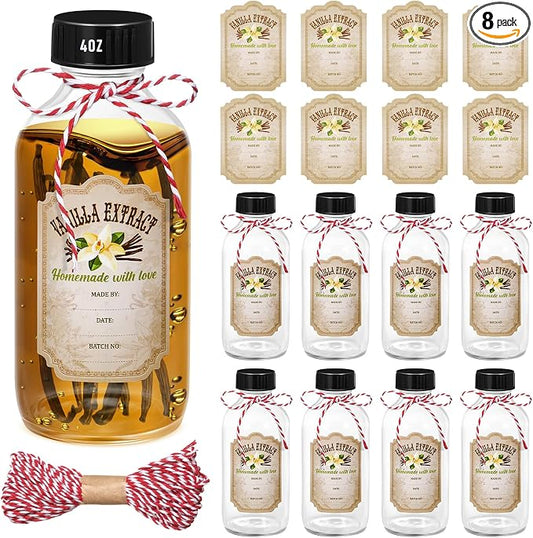 Uiifan 8 Pcs 4 oz Vanilla Extract Bottles Boston Round with Caps Glass Bottle and 8 Pcs Vanilla Extract Labels Stickers for Syrup Gift Glass Food Storage Canister Set Sauce Beans