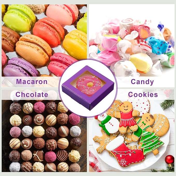 Zonon 30 Pcs Kraft Paper Boxes with Window 4.13 x 4.13 x 1.18 Inch Candy Packaging, Small Gift Boxes, Soap holder, Mini Treat Packaging for Bakery Chocolate Jewelry Display (Purple)