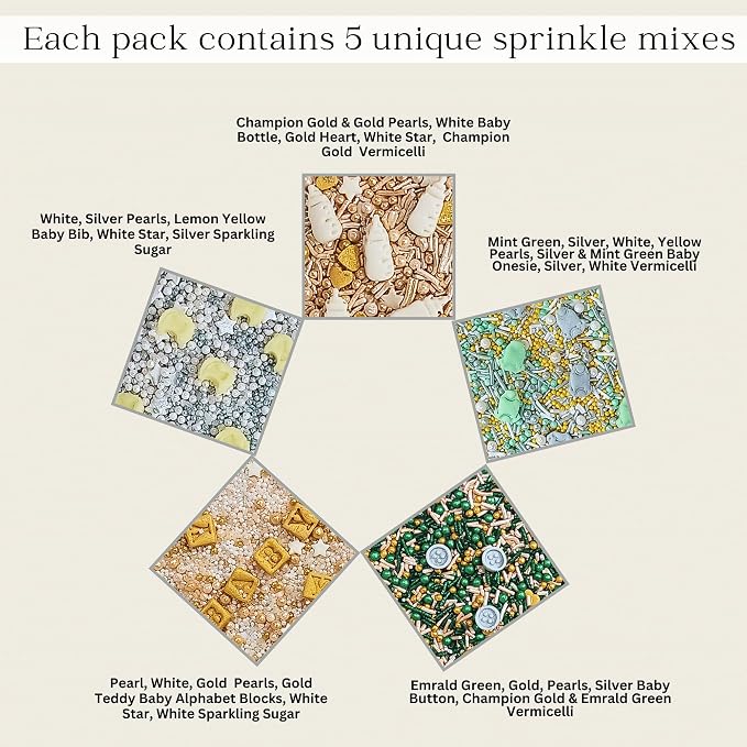 Confect Neutral Baby Shower Sprinkles | Mix Pearls, Star & Baby Feed Bottle Sprinkles | Gender Reveal Sprinkles | Pack of 5 Edible Sprinkle | Vegan, Gluten-Free, Nut-Free, Soy-Free, Dairy-Free, Palm Oil-Free - 5 Oz