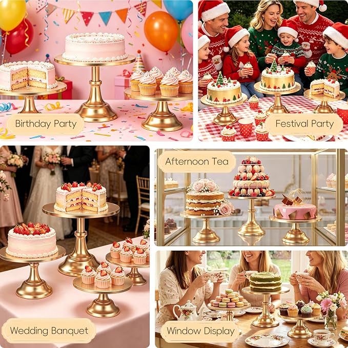 Three-piece Cake Stand Set, Metal Round Trays, 8-inch, 10-inch, and 12-inch, for Dessert Table displays; Perfect for Christmas, Thanksgiving, Birthdays, Weddings, and Other Celebrations(Gold)