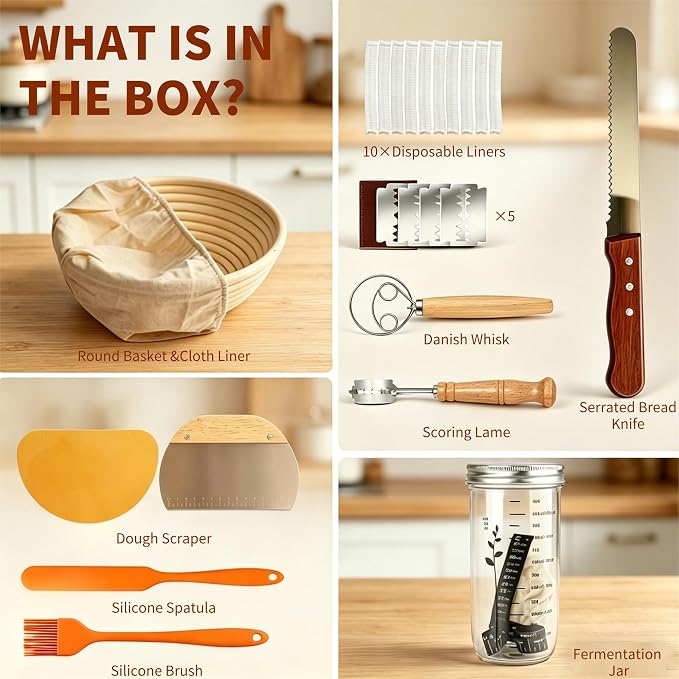 Sourdough Bread Baking Supplies Kit, Banneton Bread Proofing Basket 9" Round, Starter Jar,Complete Sourdough Tools Ideal Gifts for Mom Wife Women Bakers