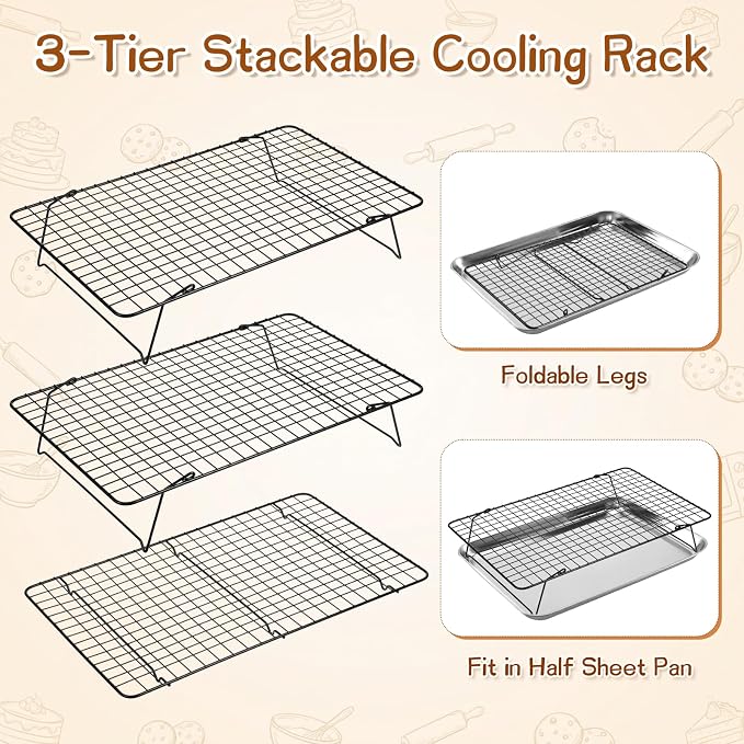 3-Tier Stackable Cooling Rack, 16.5 x 12 Inch Wire Racks, Detachable Cooling Racks with Legs, Carbon Steel Baking Rack, for Baking Cooking Grilling, Oven Safe