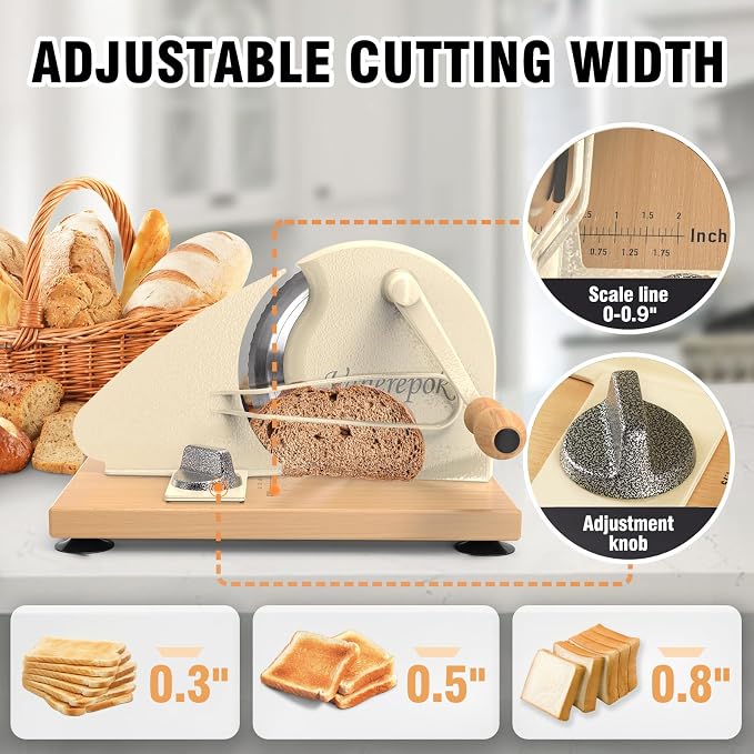 vanerepok Manual Bread Slicer Adjustable Thickness for Homemade Sourdough | Hand Crank Bread Cutter with Scale & Stable Suction Cups & Wood Base for Even Slicing Perfect Baking Gift for Home Bakers