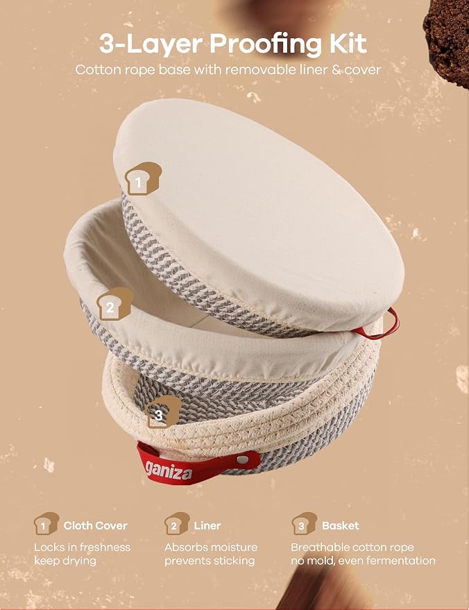 Ganiza Sourdough Starter Kit, Cotton Rope Sourdough Bread Baking Supplies, 9'' Round & 10'' Oval Banneton Basket with Liners & Covers, Sourdough Proofing Basket Kit Gifts for Bakers Women Wife Mom | 9'' Round & 10'' Oval Banneton Basket with Liners & C...