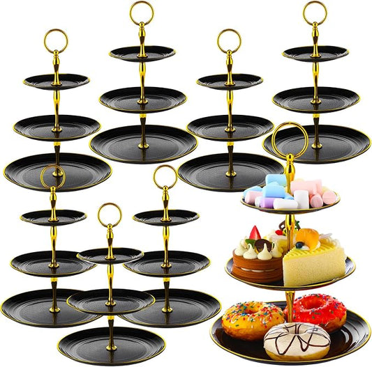 Teenyyou 8 Pack 3 Tier Cupcake Stand Bulk Tiered Dessert Stand Thick Plastic Serving Tray with Gold Edges Dessert Table Display Set Tea Cake Holder for Wedding Birthday Party(Black,Round)