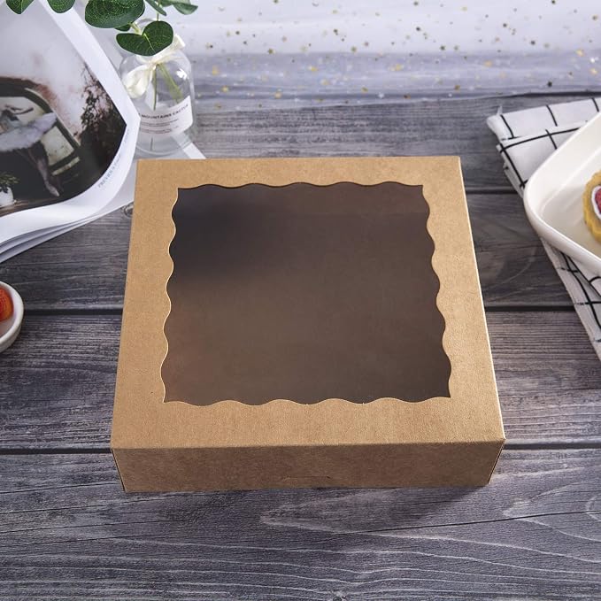 ONE MORE [15pcs] 9inch Kraft Bakery Boxes, Large Pie Boxes with PVC Window Natural Disposable box for Cookie 9x9x2.5inch,15 of Pack