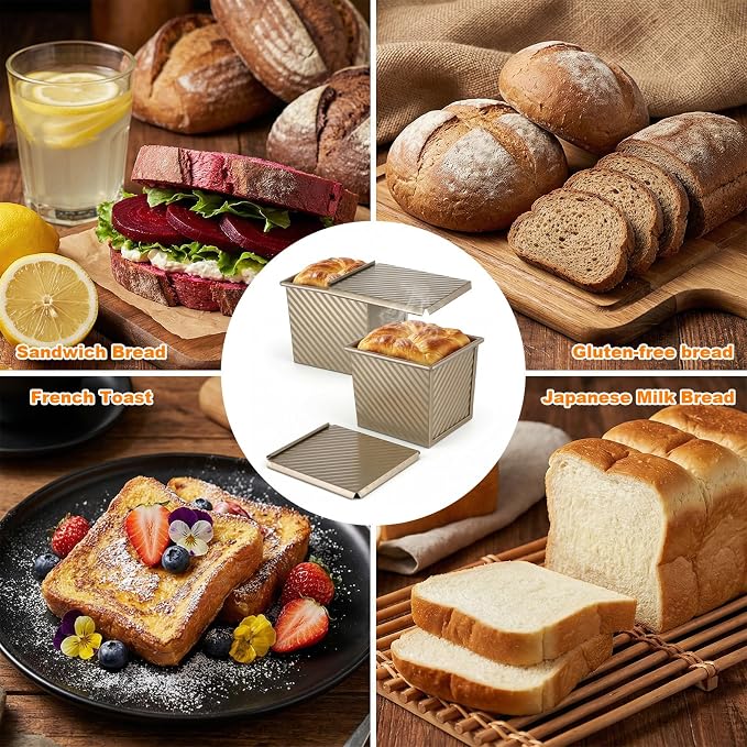 2pcs mini loaf pans with lids pullman loaf pan with lid bread pan with lid Nonstick Square bread loafs pans with lids 4.53x3.94x4.33in Mini Toast Box with Slide Cover for Baking 250g/0.55Lb