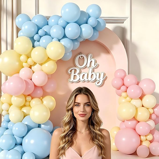Pastel Balloon Garland Arch Kit, 143pcs Macaron Pink Yellow Blue Latex Balloons for Gender Reveal Baby Shower Wedding Birthday Party Decoration