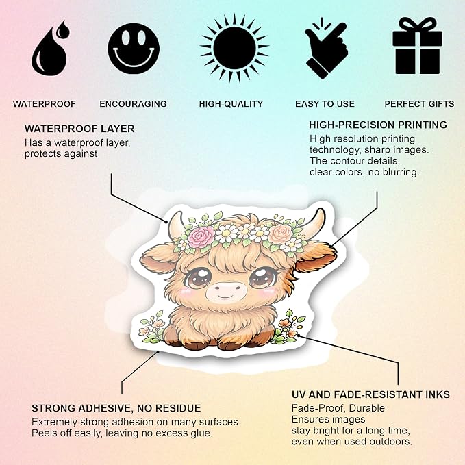 Highland Cow Stickers 50PCS – Waterproof Vinyl Cartoon Animal Decals for Water Bottles, Laptops, Journaling – Non-Repeating Decals, High-Definition Print Gift