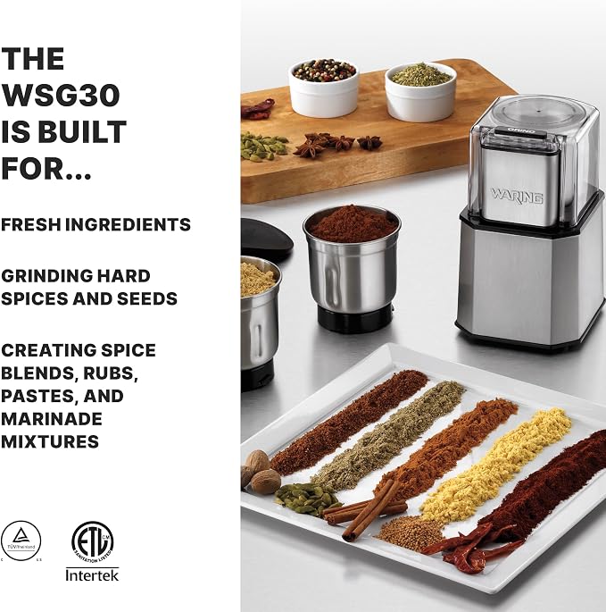 Waring Commercial Electric Spice Grinder, 1.5-Cup Capacity, Stainless Steel Blades, Dry Spices Only, Peppercorns, Cinnamon Sticks, Star Anise, Nuts, WSG30