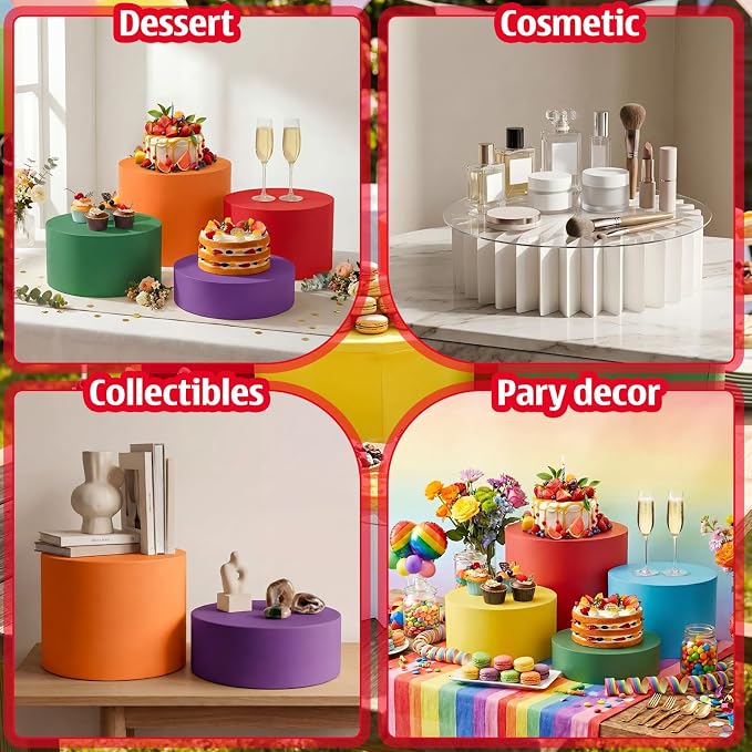 6 Pack Cylinder Cake Stand with Covers Acrylic & Cardboard Foldable Cake Stand Buffet Risers Catering Displays & Food Stands Heavy-duty Rainbow Color Riser Columns(Colorful)