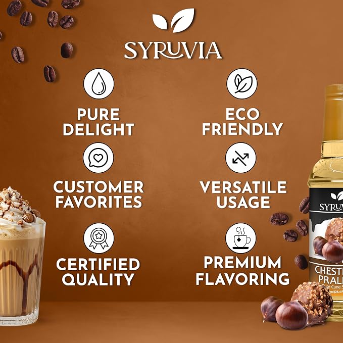 Syruvia Coffee Syrup, Chestnut Praline Flavored Syrup for Drinks, Lattes, and Desserts – 25.4 fl oz - with Pump