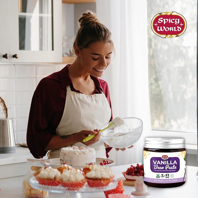 Spicy World Vanilla Bean Paste 4oz Jar - All Natural & Pure - Made with Organic Agave Syrup - For Cooking, Baking & Desserts - 100% Vegan & Kosher, Non-GMO & Gluten-Free - Glass Jar