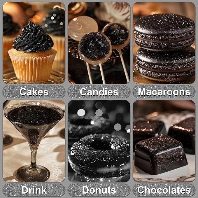 Black Edible Glitter - 5g Food Grade Cake Decorating Shimmering Glitter, Edible Sprinkle Luster Dust for Drinks, Chocolates, Fondant, Strawberries, Cupcakes, Candy, Easter Cookie - Vegan
