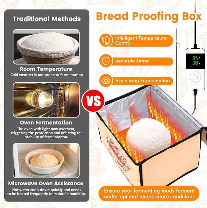 Folding Bread Proofing Warming Box with 50°F to 113°F Temp Control & 12H Timer, Dough Heater Warming Box - 16 x 12 x 10 IN Large Container Proving Drawer for Bread - sourdough Proofing Boxs Heated