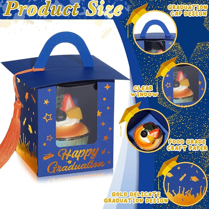 Outus 30 Pcs Graduation Cupcake Boxes Graduation Gift Box Congrats Grad Cupcake Container Candy Boxes with Window and Tassel for 2026 College High School Grad Party(Blue and Orange)