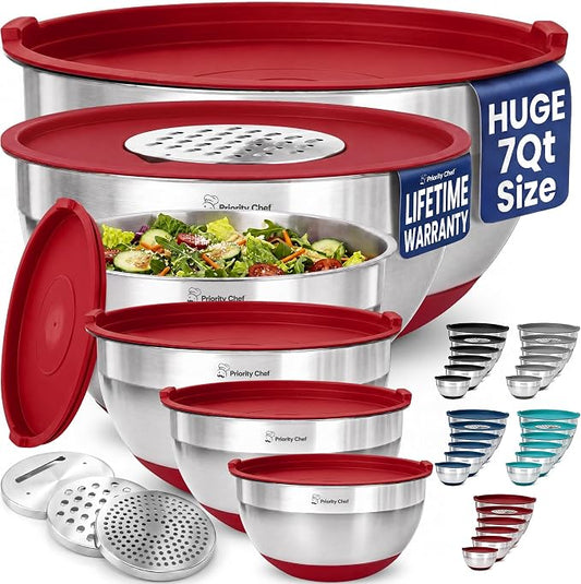 Priority Chef 6pc Stainless Steel Mixing Bowls with Lids Set, 7 Qt, Red | 6pc Non-slip nesting bowls 1-7 qt, 3 graters & interior measurement marks; for meal prep, baking & airtight fridge storage