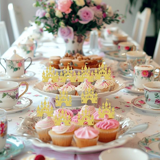24 PCS Castle Cupcake Topper Princess Cupcake Toppers Castle Theme Birthday Party Decorations Queen Castle Cupcake Picks for Princess Prince Birthday Baby Shower Party Cake Decorations Supplies Gold