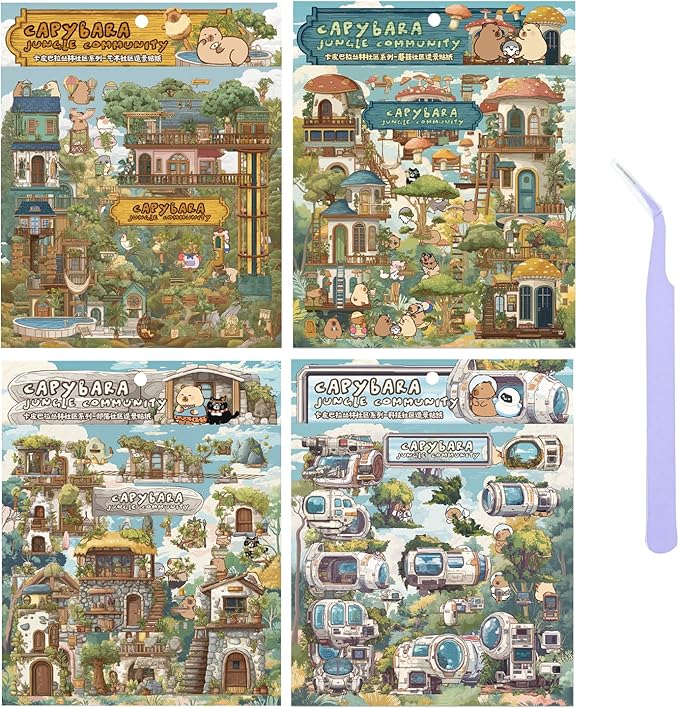 Girls 3D Miniature Scene Stickers, 4 Sets Jungle Community DIY House Stickers for Tribe, Technology, Mushrooms, Art, Cute 3D Cartoon Sticker Scenes for Adult Kids Relief Stress Pass The Time