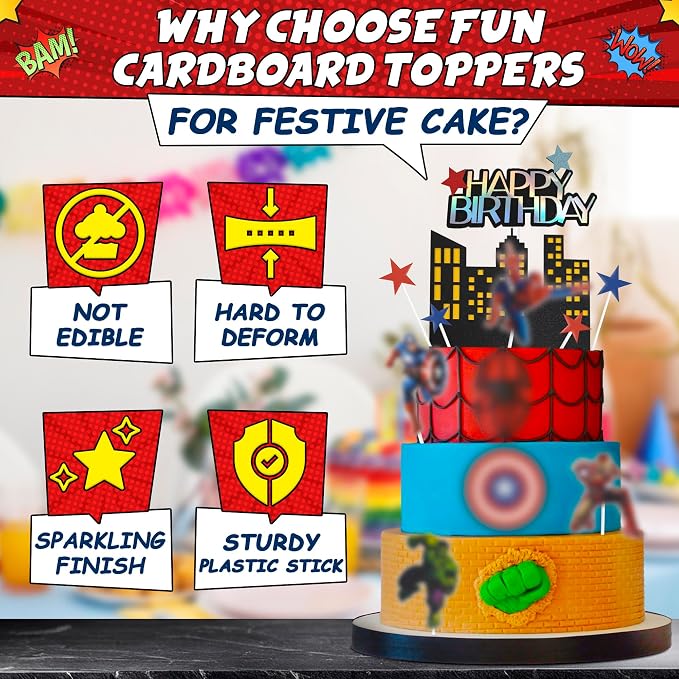 Superhero Birthday Decorations - 11Pcs Colorful Superhero Cake Topper with Bold Action Figures, Sturdy Cardboard & Installation Stick, Easy to Use, Super Hero Birthday Decorations for Boys & Girls