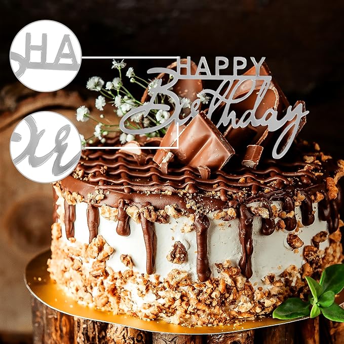 6Pcs Cake Toppers Happy Birthday Acrylic Cake Topper Happy Birthday Cake Sign Picks Happy Birthday Cake Decorations Cake Stick Decor for Celebrating Birthday Anniversary Party(Silver)