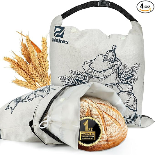 Piklohas Detachable Sourdough Bread Bags, 2 Sets Bread Storage for Homemade Sourdough, Reusable Linen Food Storage with Lining & Triple Lock for Fresh Keeping, BPA Free, Ideal for Baking Gifts