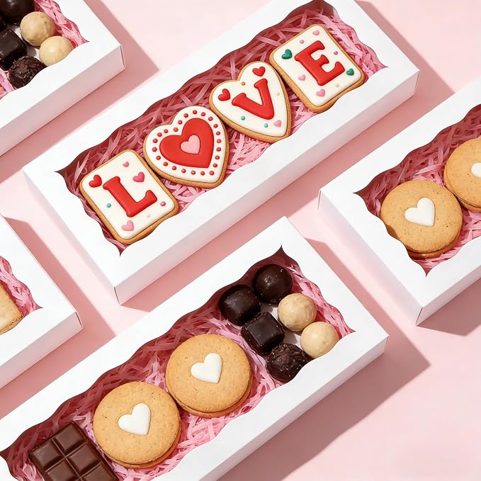 50pcs Cookie Boxes 12 x 5 x 1.5 Inch Bakery Boxes with window Chocolate Covered Strawberries Box for Christmas Valentine's Mother's Day- White