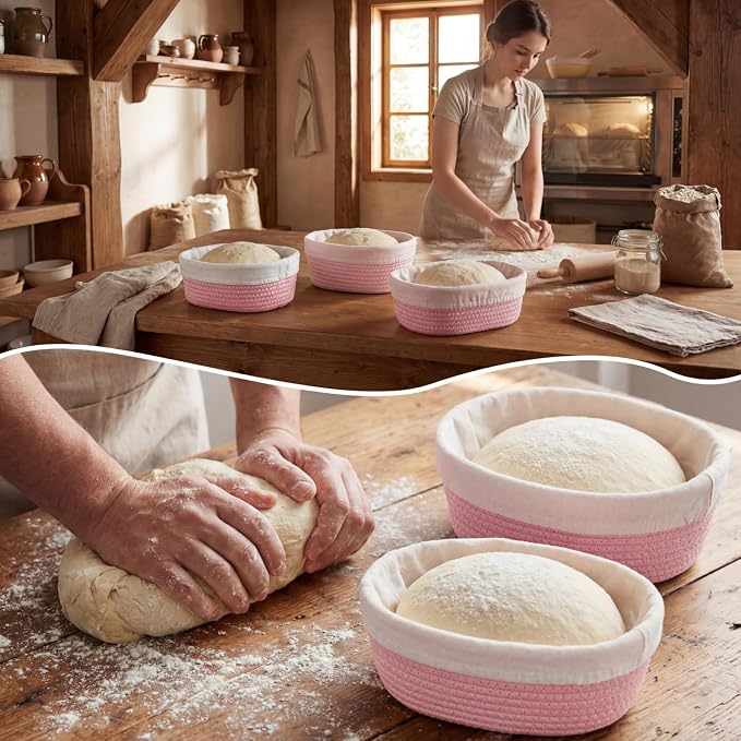 4 Pcs 10 Inch Bread Proofing Basket Set Cotton Rope Oval Banneton Basket Sourdough Bread with Liners Covers for Baking Supplies (Pink)
