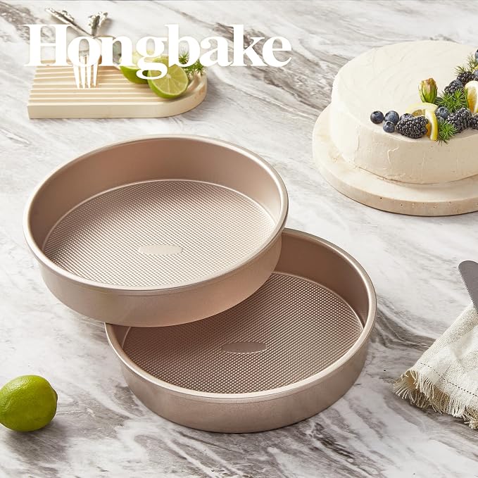 HONGBAKE Nonstick Ceramic 9 Inch Round Cake Pan Set of 2, Heavy-Duty Aluminized Steel Round Cake Pans with Diamond Texture, Non-Toxic Cake Molds, Cake Pans 9 Inch Round for Baking Cheesecake, Gold