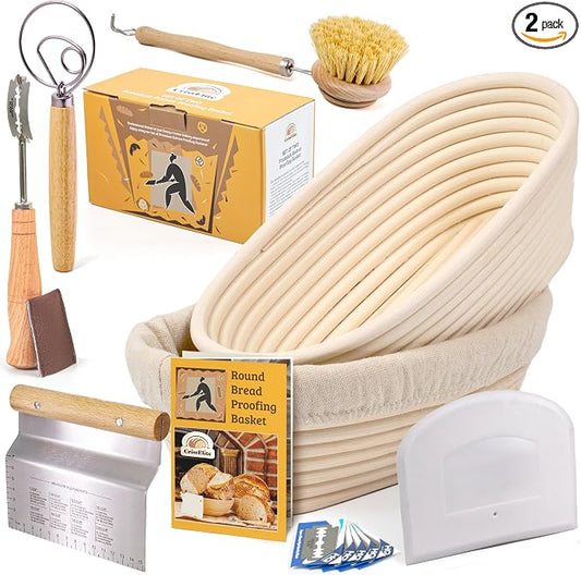 CRISS ELITE 11" Oval Banneton Proofing Basket Set of 2 - Sourdough Starter Kit with Bread Lame, Danish Whisk, Metal & Bowl Scrapers, Cleaning Brush - Professional Artisan Baker Gift Set
