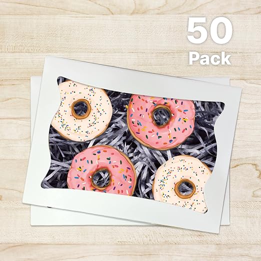 White Paper Bakery Boxes - 50-Pack Pastry Boxes with Window for Cookies, Chocolate Covered Strawberries, Macarons, and Muffins, Dessert Disposable Packaging, 8 x 6 x 2.5 Inches