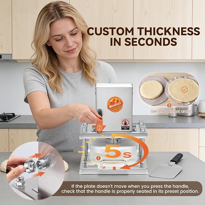 Newhai 8.6” Electric Pizza Dough Press Machine Commercial Dough Roller Sheeter Stainless Steel Pastry Bread Press Forming Processor for Bakery Home Restaurant Use