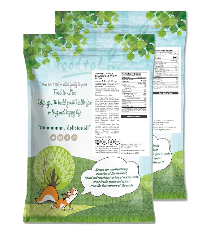Food to Live Organic Spelt Flour, 16 Pounds — Whole Grain, Non-GMO, Kosher, Vegan, Bulk, Great for Baking Bread, Product of the USA