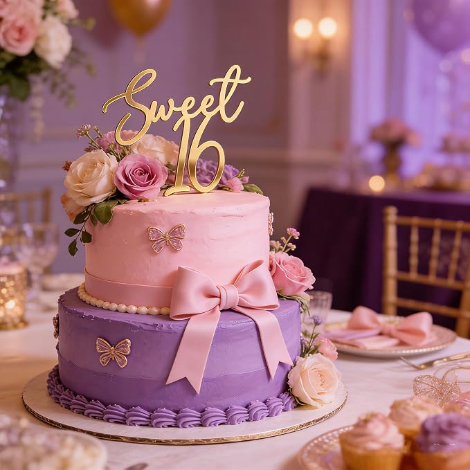 Sweet 16 Cake Topper, Gold Acrylic Finally 16 Cheers to 16 Years Cake Decoratio,16th Birthday Party Decoration,Sweet Sixteen Theme Party Decorations for Birthday Anniversary Wedding Party Cake Decor