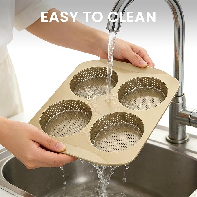 Hamburger Bun Pan for Baking, 4-Cavity 5 Inch Nonstick Bun Baking Pan, Perforated Carbon Steel Bread Pan for Homemade Burger Buns, Sandwich Rolls, Baking Tray