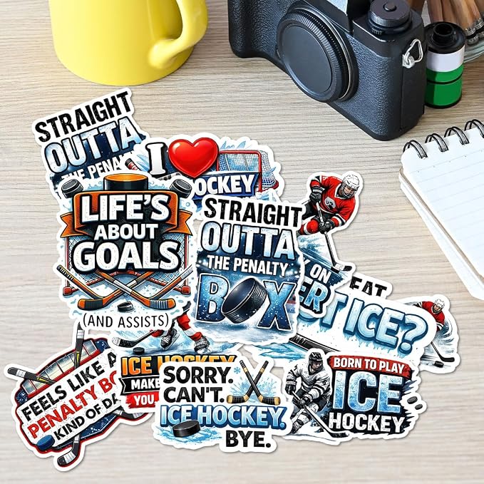10pcs Ice Hockey Stickers Gifts for Hockey Players Fans Multiple Different Design, Waterproof UV-Resistant for Water Bottle, Laptop, Window, Car